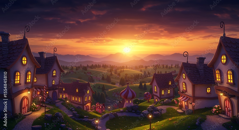 Fototapeta premium Enchanted Village Sunset Fantasy Landscape Art