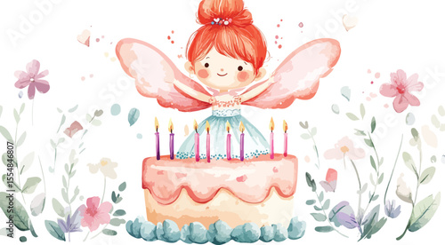Watercolor Birthday Fairy with Cake and Candles surrounded by Flowers and Hearts perfect for Invitations Cards or Children s Designs creating a whimsical and celebratory