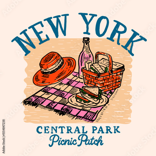 New york central park picnic patch. holiday graphics. Summer travel and picnic stuff. summer tshirt design.  Tourism and adventure accessories. Camera, holiday backpack, campfire, trailer.