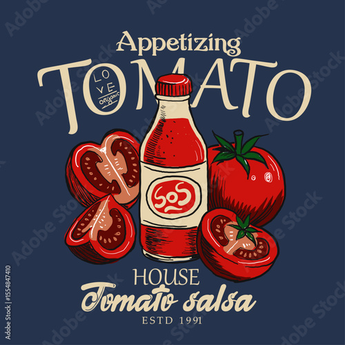 Tomato vegetable artwork for t shirt print, Red tomato vintage t-shirt design, Blooming tomatoes art,  food graphic, vintage retro Tasty food for design, Positive vibes, Fresh vegan food,