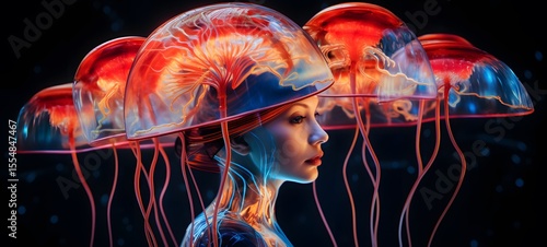 pop surreal unreal silhouettes spiral towards jellyfish, ai generatif