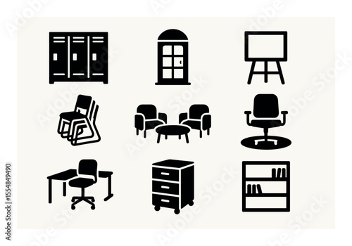 Office furniture silhouette icon set. desk, chair, bookcase, and more essentials