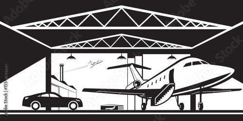 Airport hangar with private jet  and luxury car – vector illustration