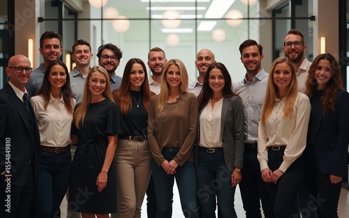 The high-achieving business team celebrates their success in a well-lit environment, arranged by department for a group photo. Generative AI. High quality