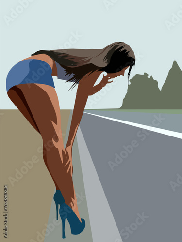 Young woman standing on the road in a seductive pose. Vector illustration of a young woman For the design of your designs in the style of female beauty and harmony
