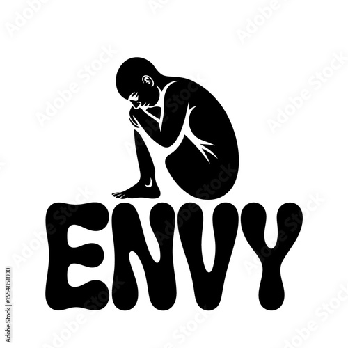 Expression of envy captured in a minimalist design featuring a figure curled up in contemplation with dark smoke accents