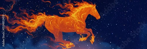 A fiery horse gallops across the starry night sky, symbolizing the year 2026 according to the Eastern calendar. A magical and vivid image of the Year of the Fire Horse.