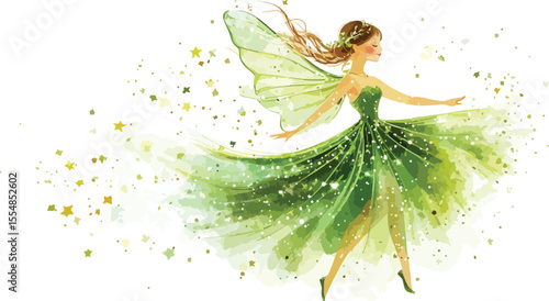 Elegant Green Fairy with Watercolor Wings and Starry Dust Isolated on White Background Fantasy Character for Children s Books Illustrations and Magical Designs Vector Illustration