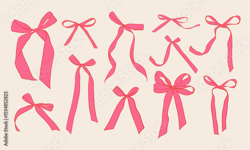 Set of doodle hand drawn trendy coquette red bows and ribbons. Whimsical minimalist vintage vector illustration for holiday poster, greeting cards, wedding invitations, branding