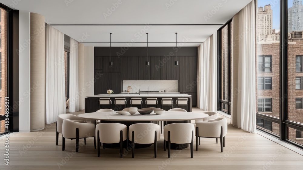 Fototapeta premium Contemporary open-plan dining and kitchen area with city views.