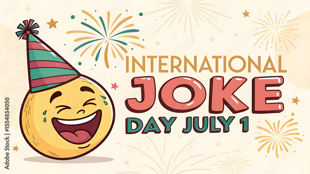 Fototapeta premium Happy international joke day july 1 with laughing emoji and fireworks celebration