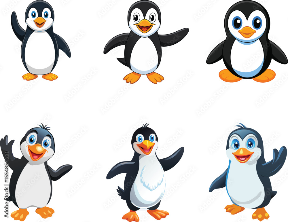 Obraz premium Set of cute cartoon penguins isolated on white background