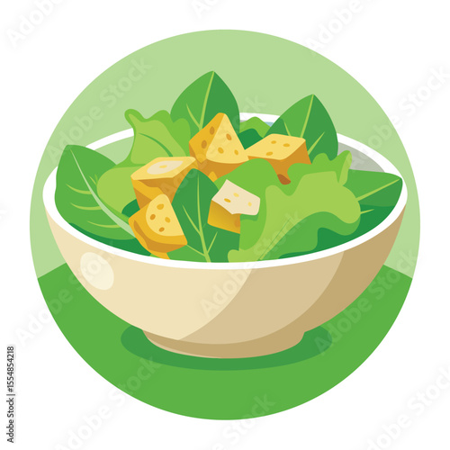 Clean vector of Caesar salad with croutons, white background