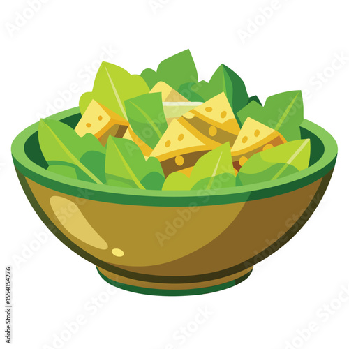 Clean vector of Caesar salad with croutons, white background