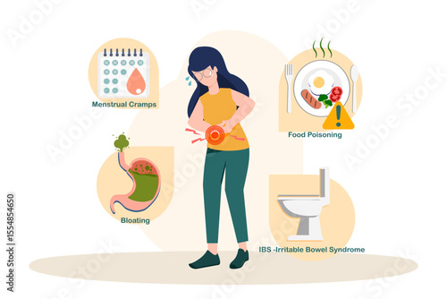 flat-style illustration of a woman experiencing abdominal pain, surrounded by icons representing causes like menstrual cramps, bloating, food poisoning, and irritable bowel syndrome.