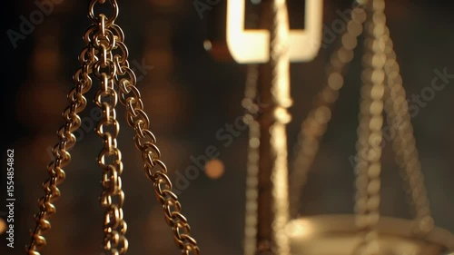 Close-up of Brass Scales of Justice Tipping Evenly in Soft Light and Warm Colors