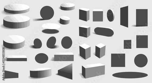 Collection of varied geometric primitive shapes with subtle shadows illustration