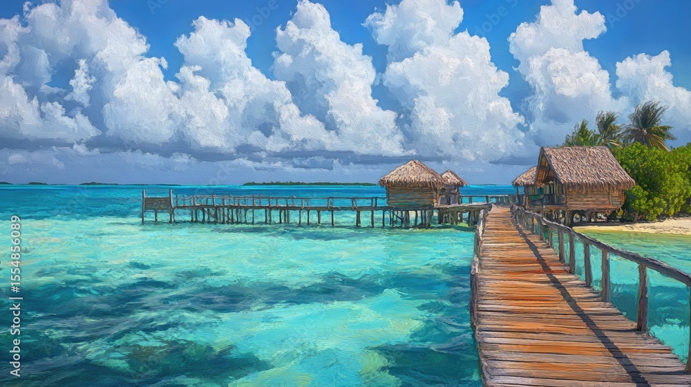 Obraz premium Wooden walkway leading to tropical beach huts.