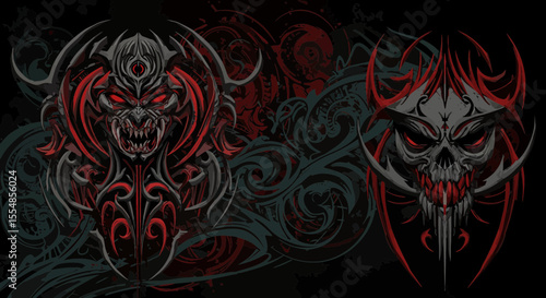 Crimson and charcoal demon skull designs, intricate macabre vector art