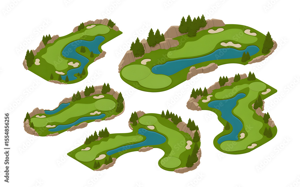 Obraz premium Golf Course Layouts: Isometric Views of Various Hole Designs