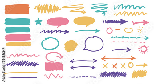 Hand-Drawn Doodle Element Set: Arrows, Speech Bubbles, Lines, and Geometric Shapes