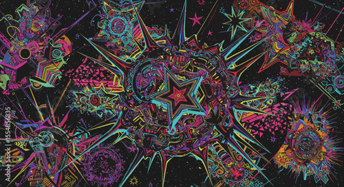 Kaleidoscopic dreamscape: Abstract explosion of stars and geometric shapes