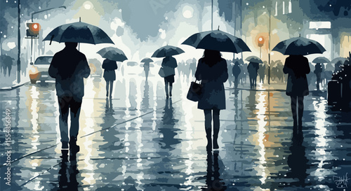  A moody and artistic watercolor of a rainy street scene, with soft reflections and umbrellas, creating an emotional, cinematic atmosphere