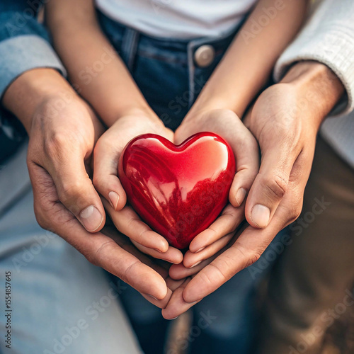 Shiny red heart held securely by multiple hands holding