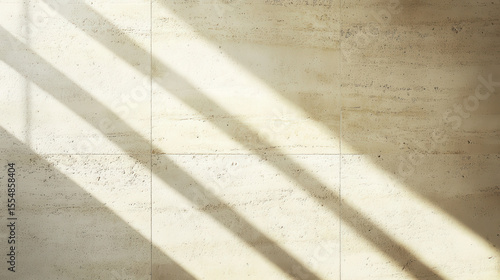 Minimalist beige tiled wall with long diagonal shadows cast by sunlight creating a calm abstract scene