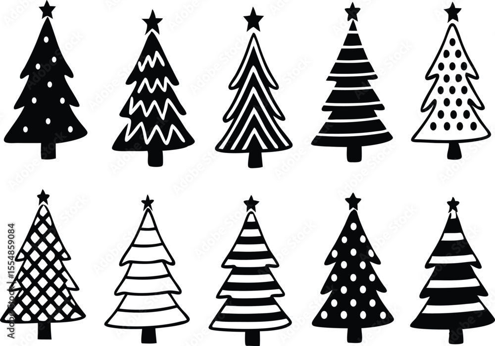 Collection of Ten Stylized Christmas Trees with Stars in Black and White Collection of Ten Stylized Christmas Trees with Stars in Black and White