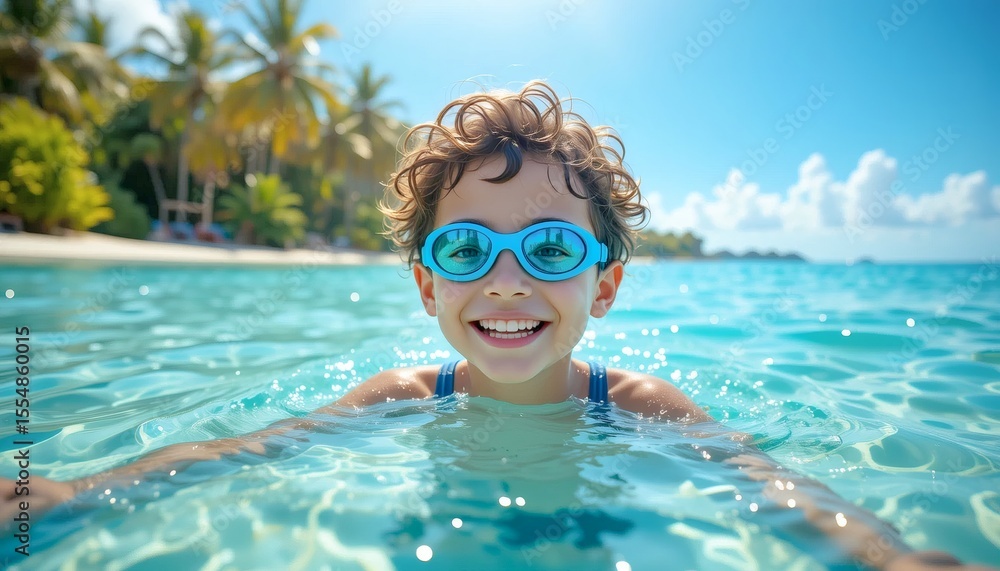 Naklejka premium Cheerful Child Enjoying a Sunny Day Swimming in Tropical Paradise Waters