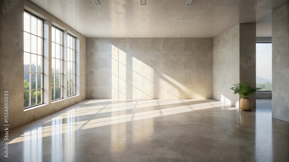 Obraz premium Sunlit Empty Room with Polished Concrete Floor and Large Windows
