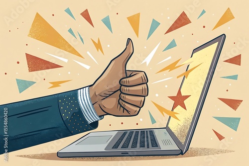 Hand with thumbs up gesture emerging from laptop screen with star and burst elements