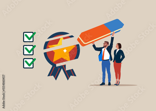 Human removed Quality Control with eraser. Quality Control to check quality and giving certified or approval, process to assure excellence product and service delivery, guarantee.