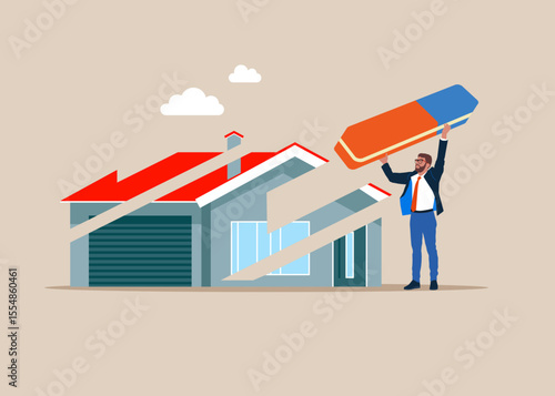 Realtor or owner removed home with eraser. Purchase and pick real estate home. Flat vector illustration