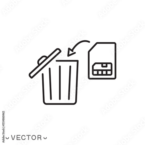 sim card in trash bin icon, sim card with trash can concept, thin line symbol isolated on white background, editable stroke eps 10 vector illustration