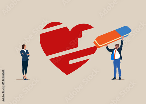 Man and Woman removed heart shape with eraser. Move on or forget and forgive, open for new relationship. Flat vector illustration