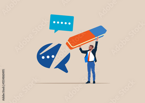 Worker removed speech bubble with eraser. Block unwanted messages, filter messages from unknown senders. Flat vector illustration