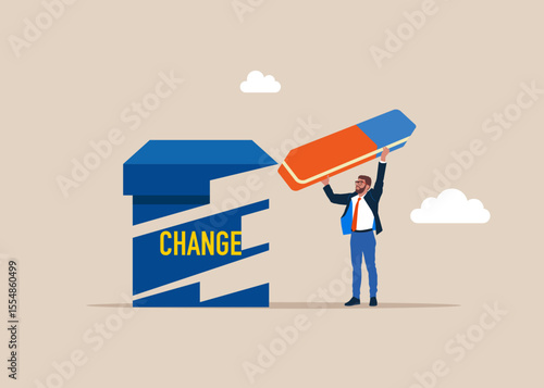 Worker removed change cube box with eraser. Fear of change, reluctance to leave comfort. Flat vector illustration