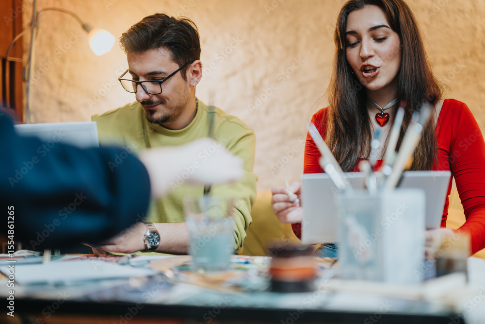 Fototapeta premium Two people enjoy an artistic activity, painting and sharing a creative moment in a comfortable indoor studio environment. The atmosphere is relaxed and focused, promoting collaboration and creativity.