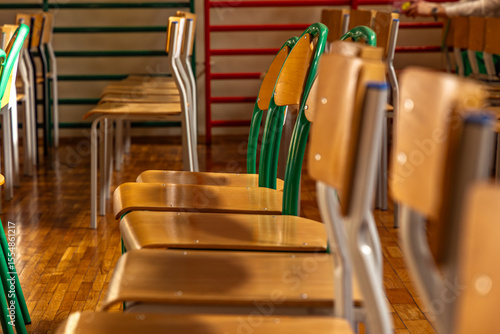 Chairs in the gym, end of the school year, graduation ceremony, empty chairs in a classroom Poland