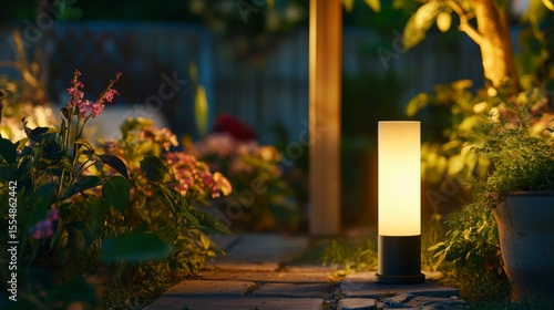 Fototapeta Naklejka Na Ścianę i Meble -  Illuminated garden path at dusk, soft light from a modern outdoor lamp casting a warm glow on lush greenery and flowers.