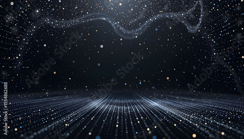 Metallic silver polka dots on a dark background with a modern, futuristic style. Ideal for digital marketing backdrops, tech event designs, and sleek web graphics.