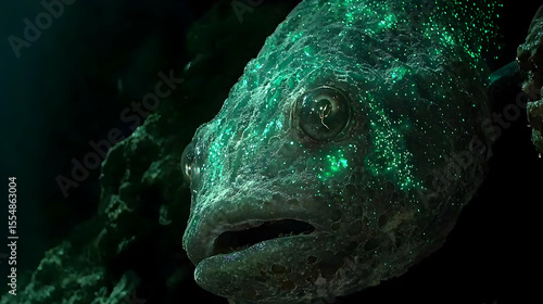 Close-up of a bioluminescent fish, dark green bioluminescence dots cover its bumpy skin, against a dark underwater scene, highlighting the fish's head and upper body