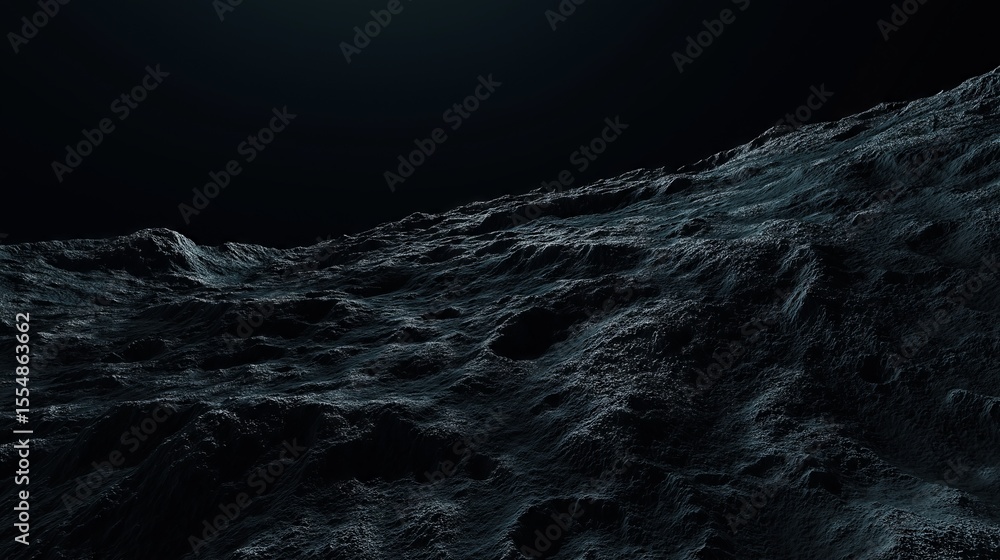 Naklejka premium Dark heavily cratered ancient terrain with rough textures under dim lighting