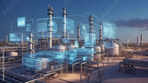 Industrial Factory with Digital Overlays and Holographic Interfaces Representing Smart Technology and Data Analytics