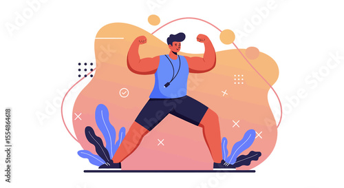 A strong male fitness instructor in a flat design illustration flexes his biceps, standing on a mat with abstract organic shapes.