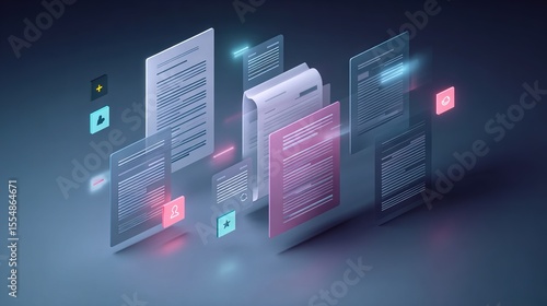 Futuristic Digital Documents and Data Forms Interface with Modern 3D Elements for Premium Technology, Business, and Information Management Concept