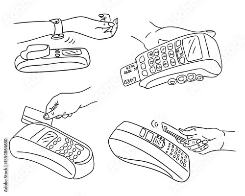 Collection of hand drawn illustrations showing different types of terminal payments via cards, phones and smartwatches. Depicts digital transaction methods, financial technology