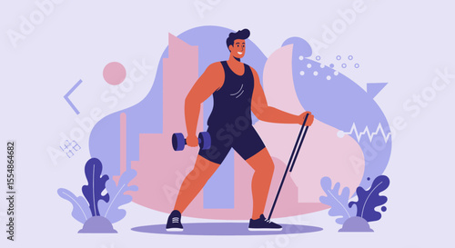 A strong man is exercising with dumbbells and resistance band in a city setting, ideal for fitness websites, blogs, and marketing materials needing a health and wellness theme.